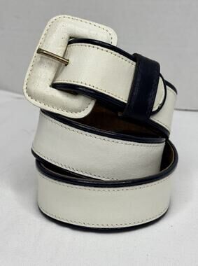 Talbots Cream Leather Navy Blue Piping Belt Womens Size Medium Classic